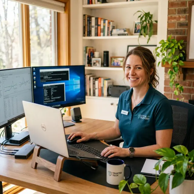 Friendly local IT support technician working on a laptop